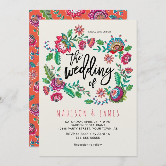 Bohemian Orange Folk Flowers Boho Chic Wedding Invitation (Front/Back)