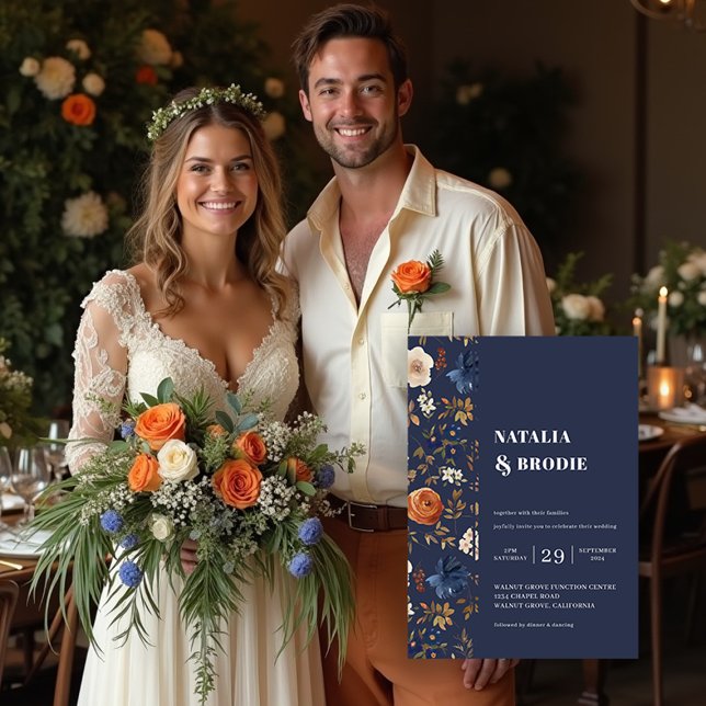 Bohemian Painted Flowers Navy Blue Rust Wedding Invitation (Bohemian Painted Flowers Navy Blue Rust Wedding Invitation. Models are AI-Generated.)