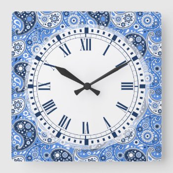 Bohemian Paisley Blue Country Farm Style Square Wall Clock by VillageDesign at Zazzle