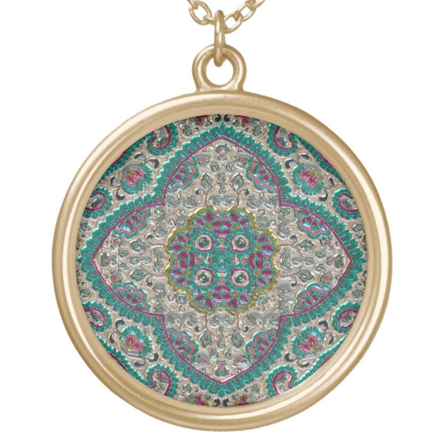 Bohemian paisley jewel boho teal pink elegant  gold plated necklace (Front)