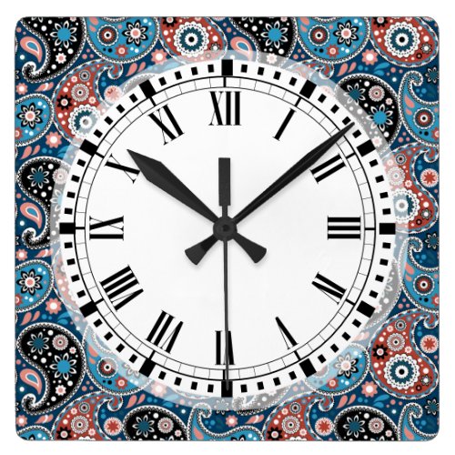 Bohemian Paisley Print in Blue and Red Square Wall Clock