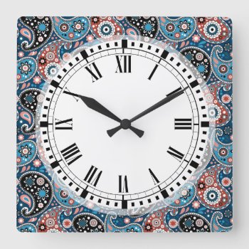 Bohemian Paisley Print In Blue And Red Square Wall Clock by VillageDesign at Zazzle