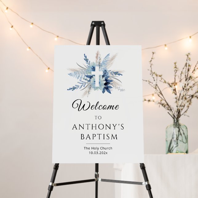 bohemian pampas blue floral baptism welcome sign (In Situ (Stand))