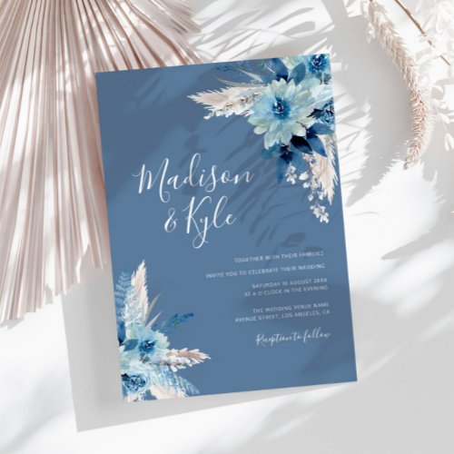 bohemian pampas dusty blue floral wedding invitation