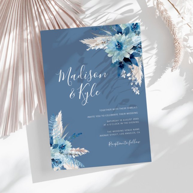 bohemian pampas dusty blue floral wedding invitation (Creator Uploaded)