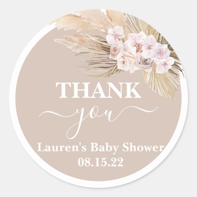 Bohemian Pampas Grass Baby Shower Round Sticker (Front)