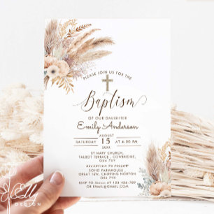 Bohemian Pampas Grass Baptism Christening Invitation