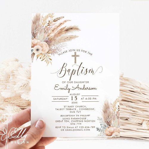 Bohemian Pampas Grass Baptism Christening  Invitation