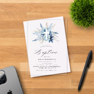 Bohemian pampas grass blue floral cross baptism acrylic invitations