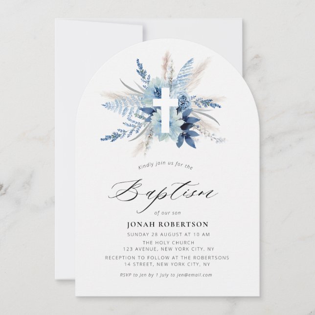 bohemian pampas grass blue floral cross baptism invitation (Front)