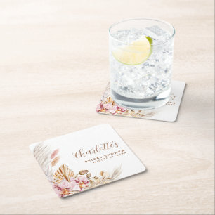 Bohemian Pampas Grass Blush Pink Bridal Shower Square Paper Coaster