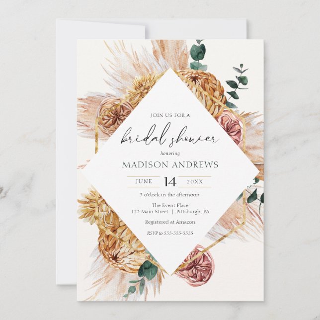 Bohemian Pampas Grass Bridal Shower Invitation (Front)