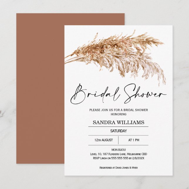 Bohemian Pampas Grass Bridal Shower Invitation (Front/Back)