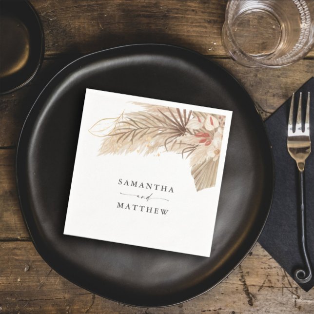 Bohemian Pampas Grass Dried Palm Wedding Napkins (Keep this boho theme throughout your wedding with the dried palm and pampas grass design.)