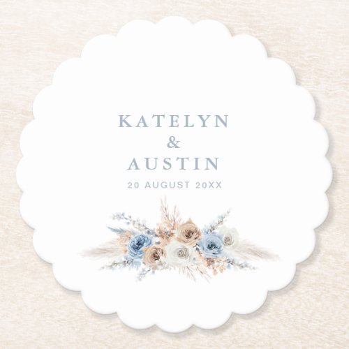 bohemian pampas grass dusty blue wedding paper coaster