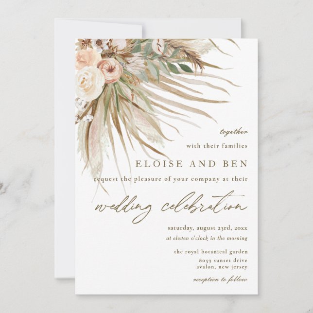 Bohemian Pampas Grass Earthy Tones Floral Wedding  Invitation (Front)