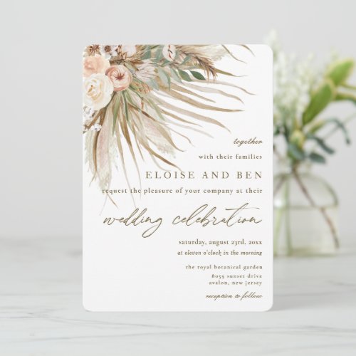 Bohemian Pampas Grass Earthy Tones Floral Wedding Invitation