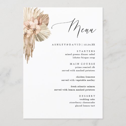 Bohemian Pampas Grass Fall Wedding Dinner Menu