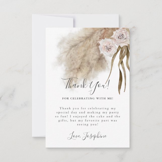 Bohemian Pampas Grass Girl Birthday Party Thank You Card (Front)