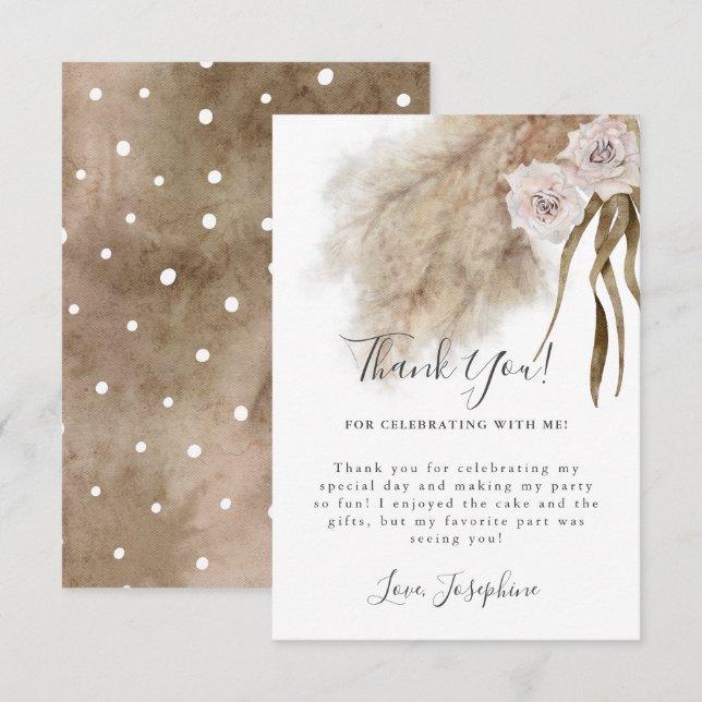 Bohemian Pampas Grass Girl Birthday Party Thank You Card (Front/Back)
