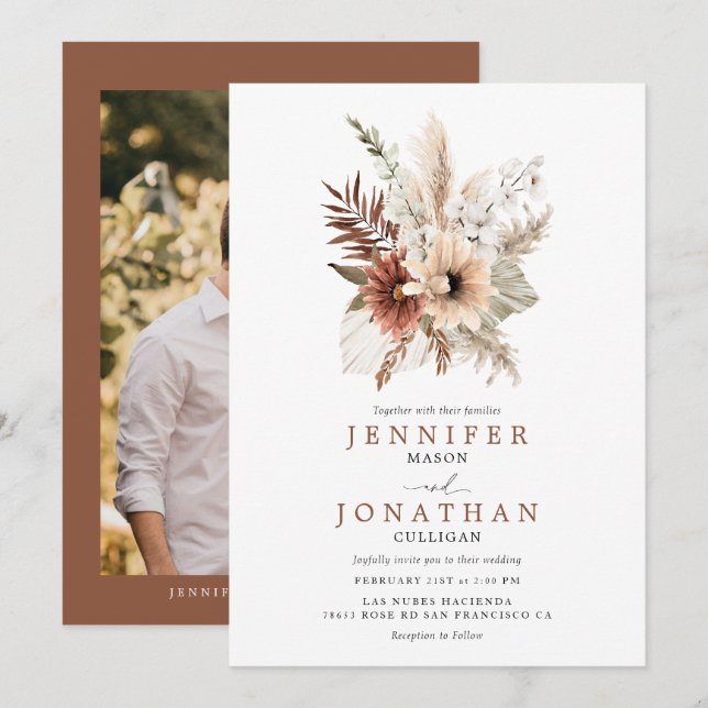 Bohemian Pampas Grass Photo Wedding Invitation (Front/Back)
