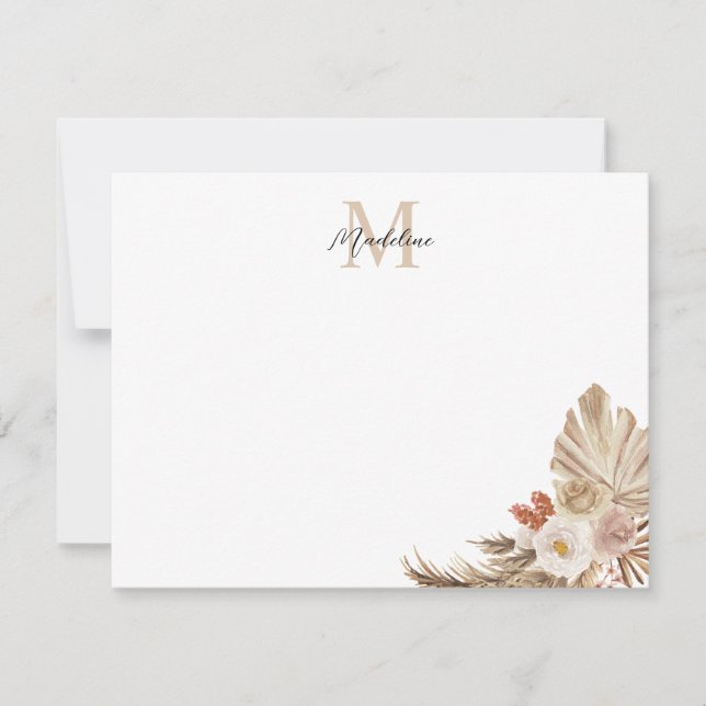 Bohemian Pampas Grass Script Monogram Note Card (Front)