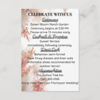 Bohemian pampas grass wedding details card