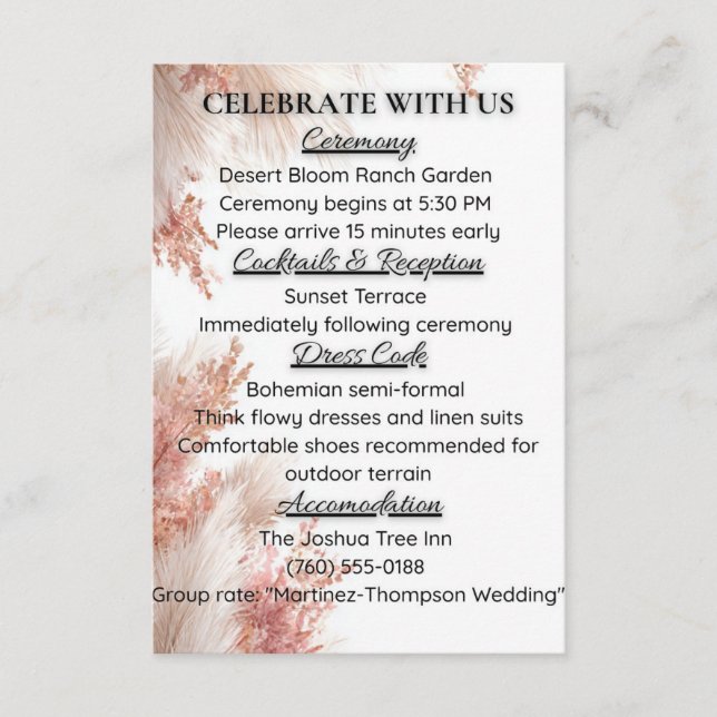 Bohemian pampas grass wedding details card (Front)
