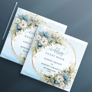Bohemian Pastel Blue Floral Gold Glitter Wedding Guest Book