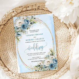 Bohemian Pastel Blue Floral Gold Wedding Invite