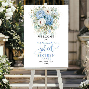 Bohemian Pastel Blue Flowers Sweet 16 Welcome Poster