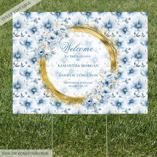 Bohemian pastel blue gold watercolor wedding yard sign