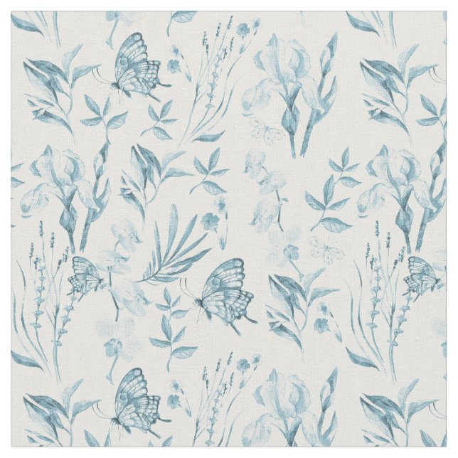 Bohemian pastel blue vintage butterfly floral fabric (Close Up)
