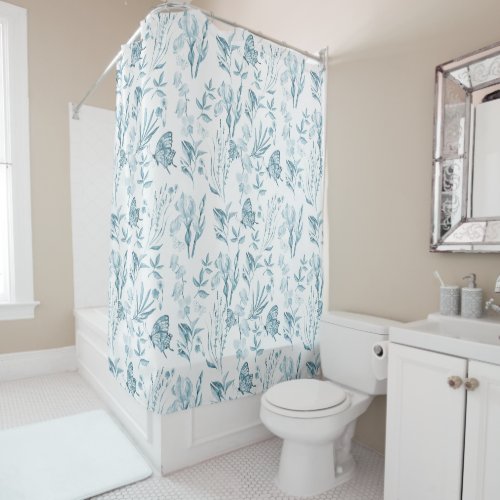 Bohemian pastel blue vintage butterfly floral shower curtain