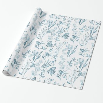 Bohemian Pastel Blue Vintage Butterfly Floral Wrapping Paper by kicksdesign at Zazzle