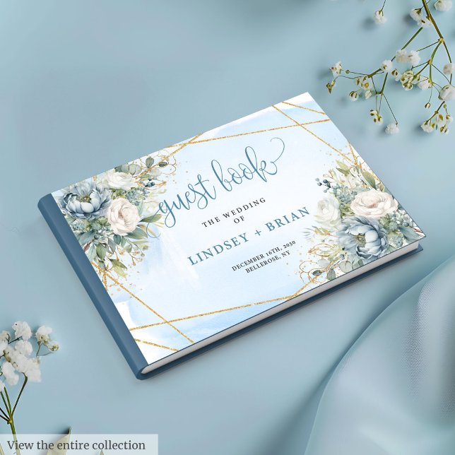 Bohemian Pastel Blue White Gold Peonies Guest Book (Bohemian Pastel Blue White Gold Peonies Guest Book)