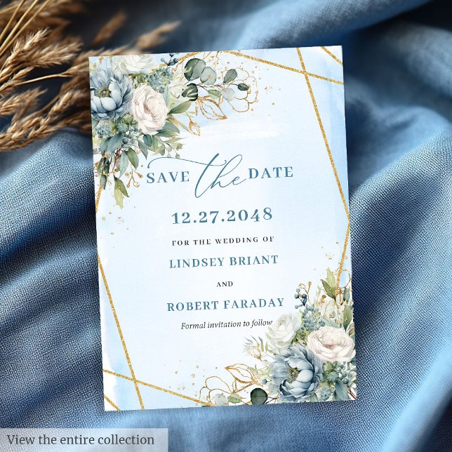 Bohemian Pastel Blue White Gold Peonies Save Date Invitation (Bohemian Pastel Blue White Gold Peonies Save The Date)