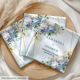 Bohemian Pastel Blue White Gold Peonies Wedding Cloth Napkin