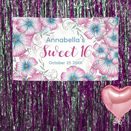 Bohemian Pastel Floral Pink Blue Sweet 16 Banner