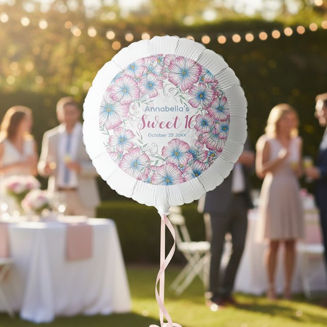 Bohemian Pastel Floral Pink Blue Sweet 16 Birthday Balloon (Creator Uploaded)