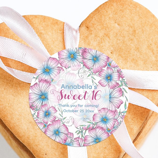 Bohemian Pastel Floral Pink Blue Sweet 16 Classic Round Sticker (Creator Uploaded)