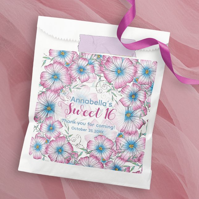 Bohemian Pastel Floral Pink Blue Sweet 16 Favor Bag (Creator Uploaded)