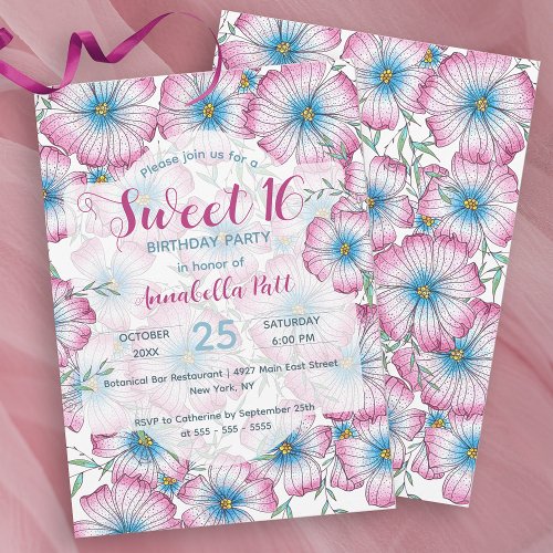 Bohemian Pastel Floral Pink Blue Sweet 16 Invitation