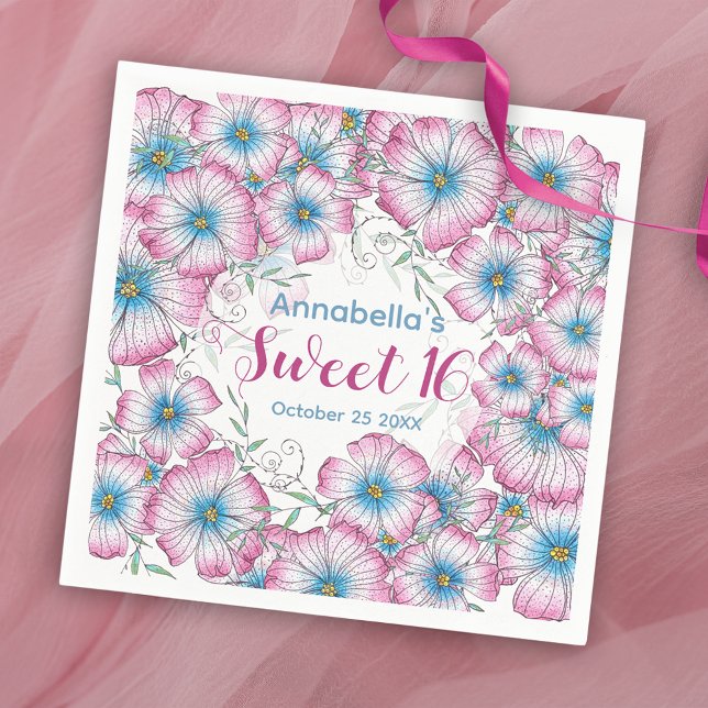Bohemian Pastel Floral Pink Blue Sweet 16 Napkins (Creator Uploaded)