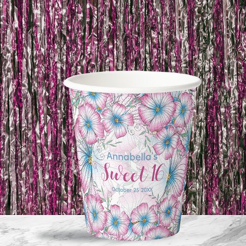 Bohemian Pastel Floral Pink Blue Sweet 16 Paper Cups