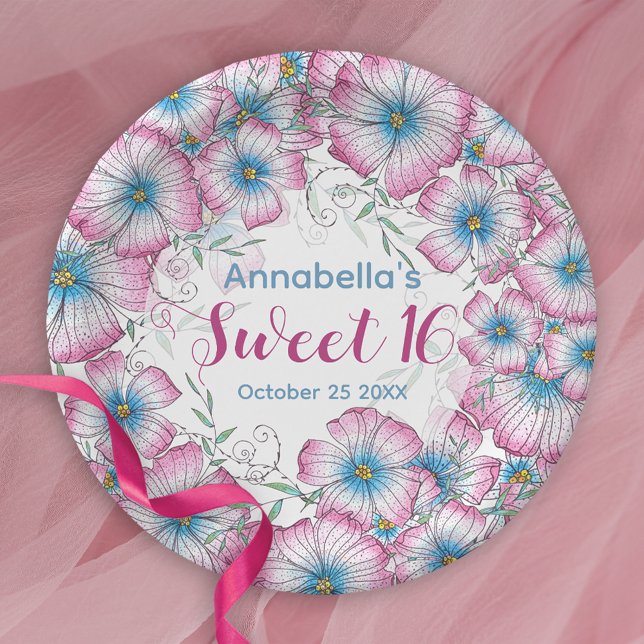 Bohemian Pastel Floral Pink Blue Sweet 16 Paper Plates (Creator Uploaded)