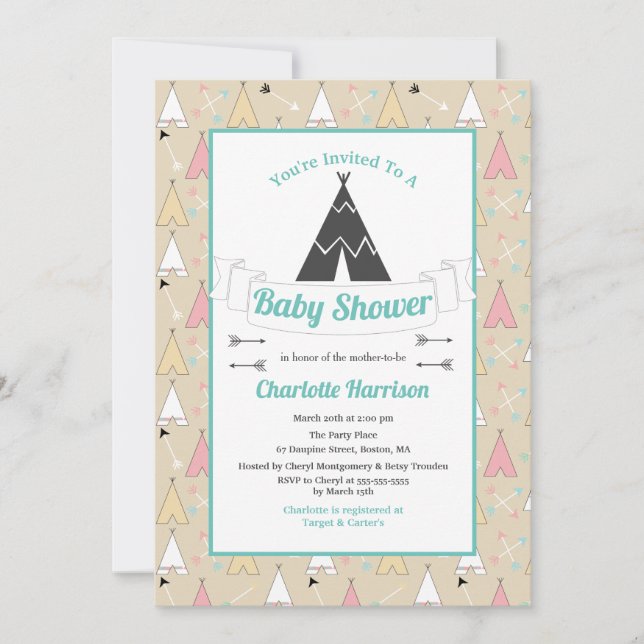 Bohemian Pastel Teepees & Arrows Baby Shower Invitation (Front)