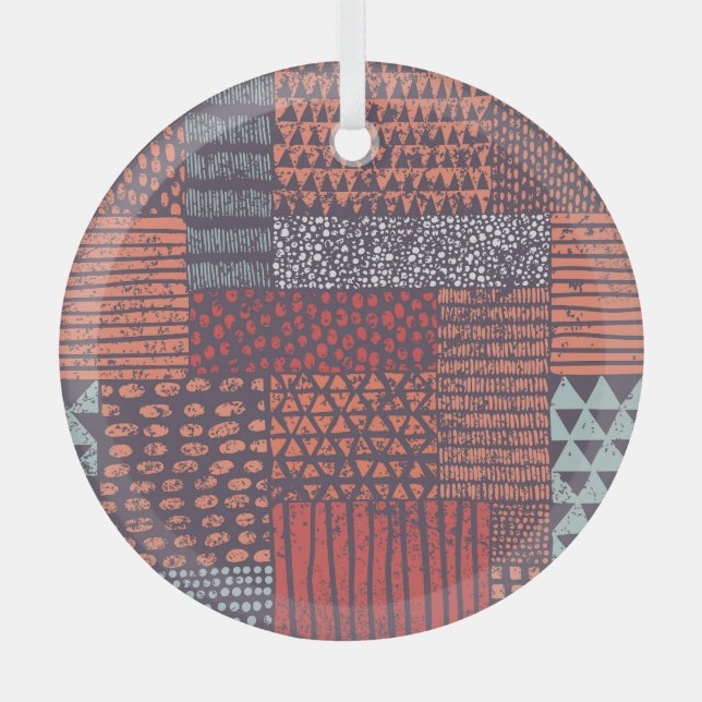 Bohemian patchwork: hand-drawn seamless design. glass ornament (Front)