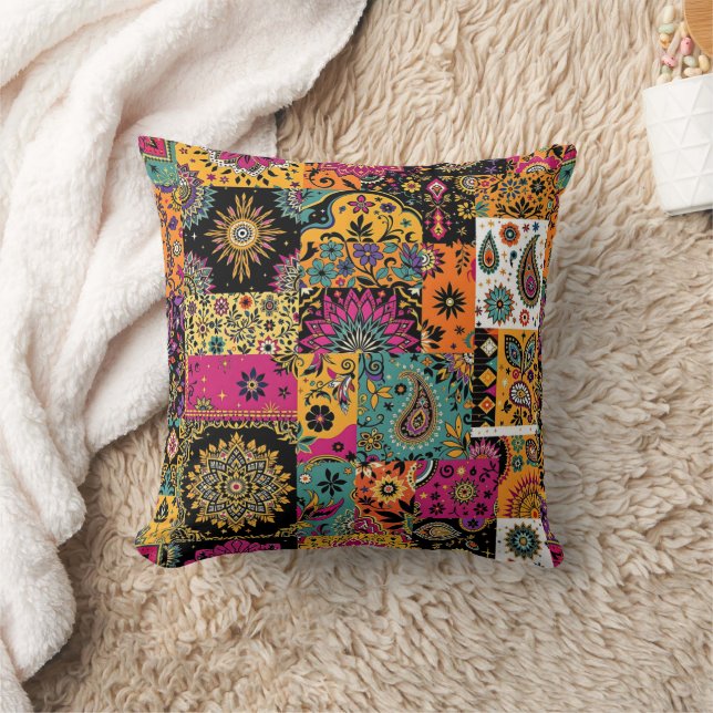Bohemian Patchwork Mandala and Paisley Pattern Throw Pillow (Blanket)