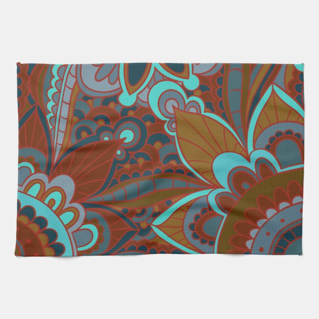 Bohemian Pattern, Turquoise and Brown Towel (Horizontal)